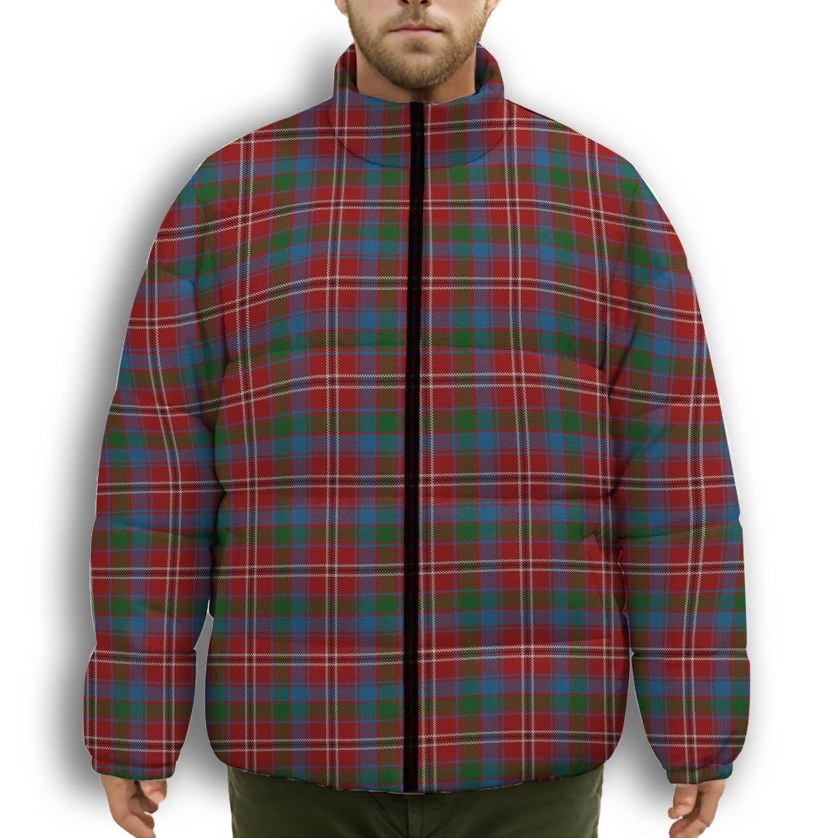ScotsTee Shop Scottish Fitzgerald Red Premium Tartan Collar Down Jacket Winter White Duck Down Plaid