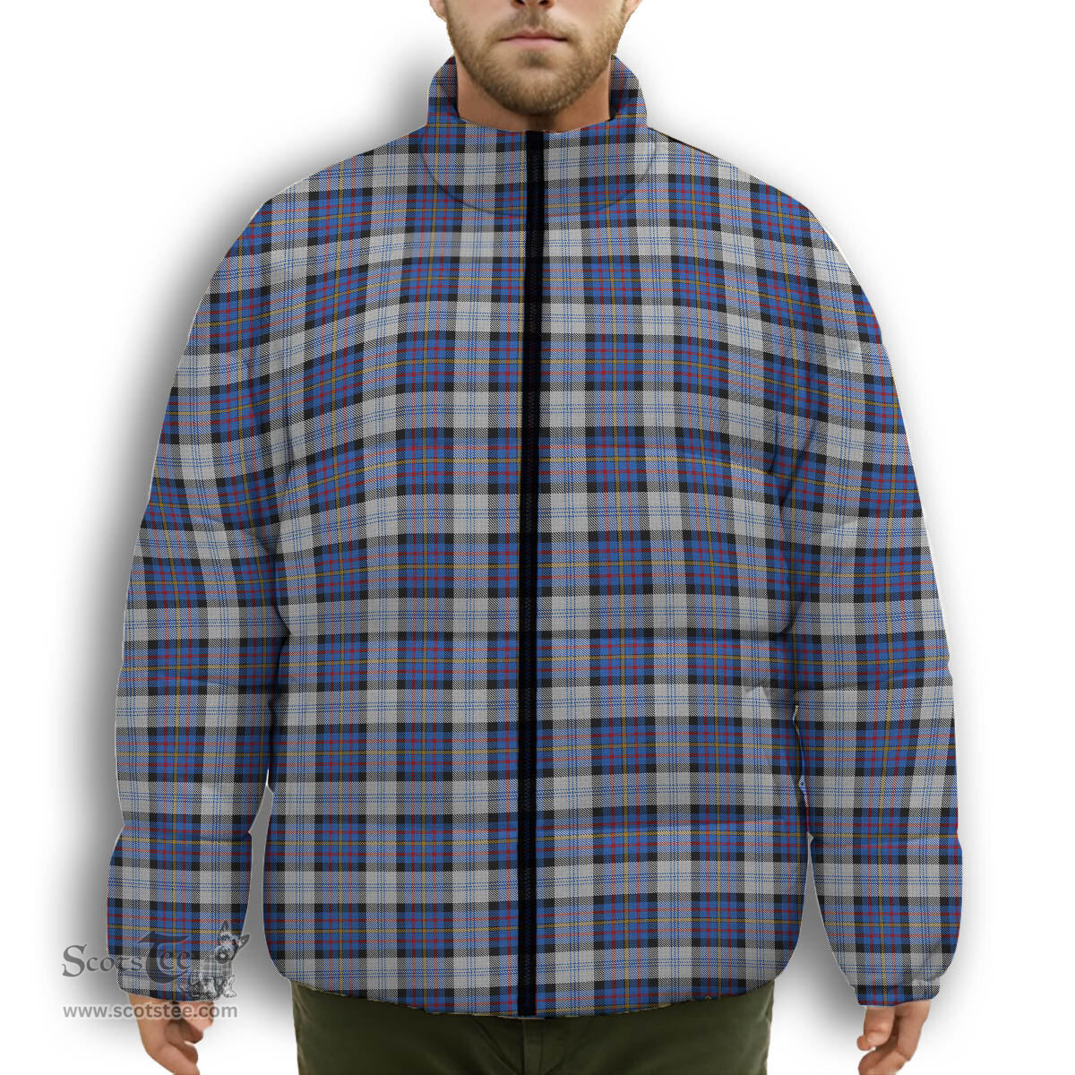 ScotsTee Shop Scottish Gillies Dress Blue Premium Tartan Collar Down Jacket Winter White Duck Down Plaid