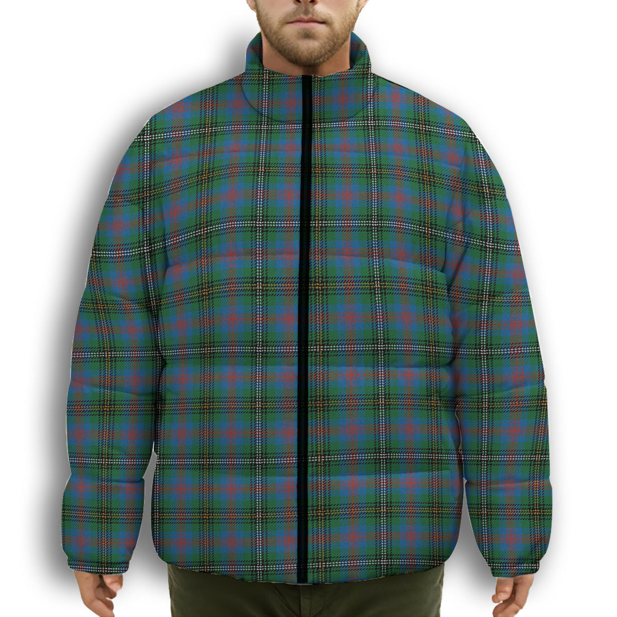 ScotsTee Shop Scottish Wood Ancient Clan Premium Tartan Collar Down Jacket Winter White Duck Down Plaid