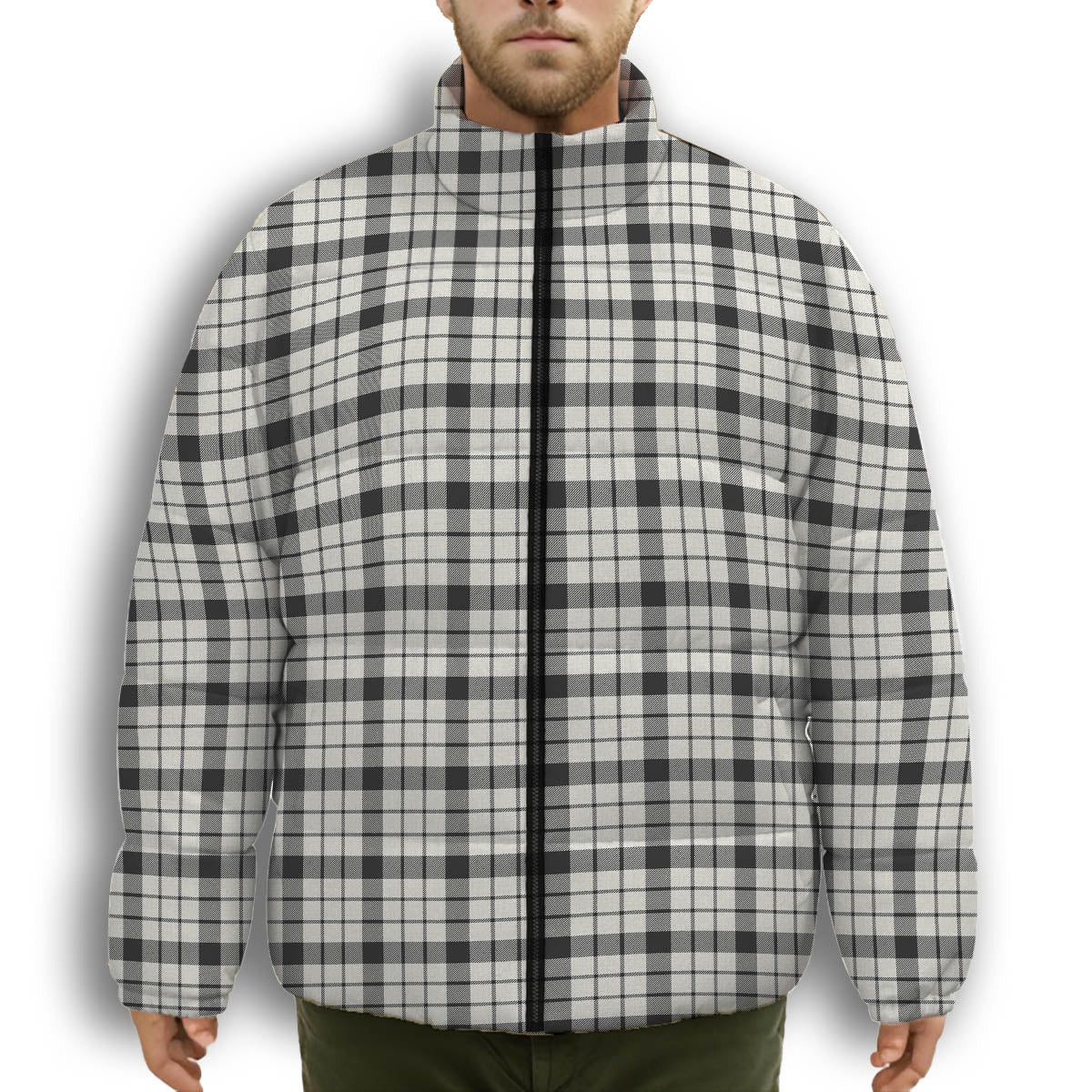 ScotsTee Shop Scottish McFarland Black White Ancient Premium Tartan Collar Down Jacket Winter White Duck Down Plaid