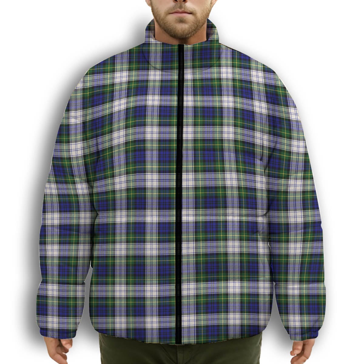 ScotsTee Shop Scottish Gordon Dress Modern Premium Tartan Collar Down Jacket Winter White Duck Down Plaid