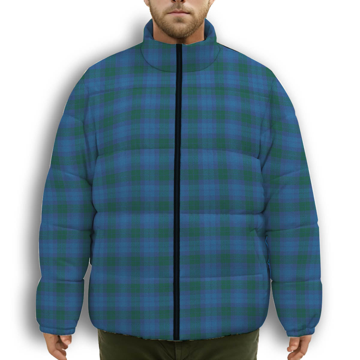 ScotsTee Shop Scottish Sutherland Hunting Modern Premium Tartan Collar Down Jacket Winter White Duck Down Plaid