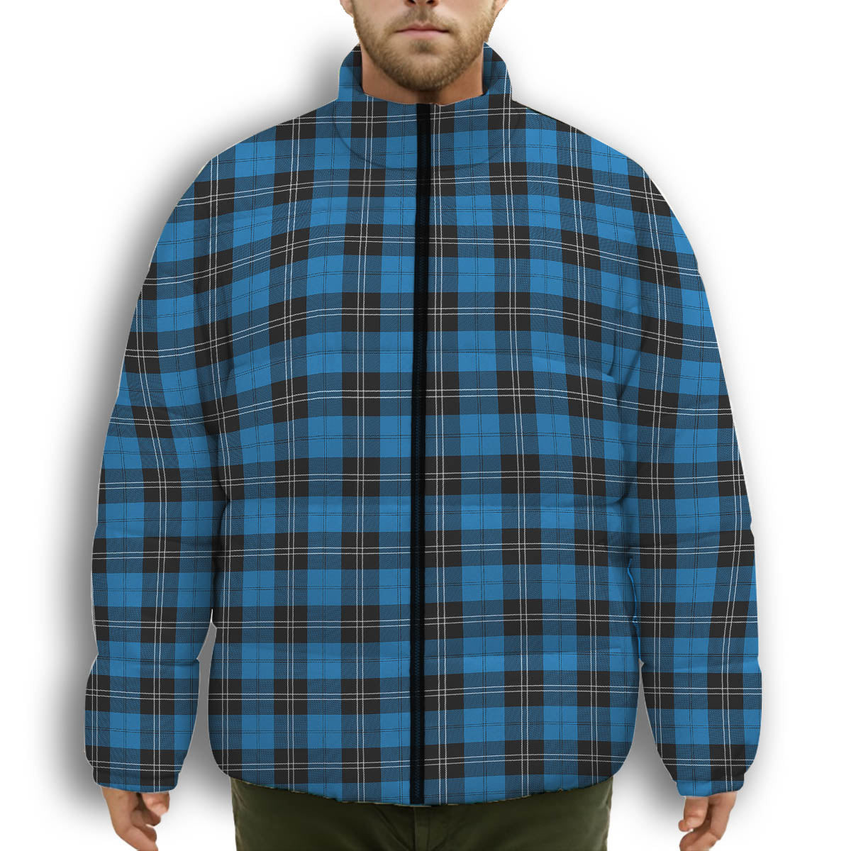 ScotsTee Shop Scottish Ramsay Blue Ancient Premium Tartan Collar Down Jacket Winter White Duck Down Plaid