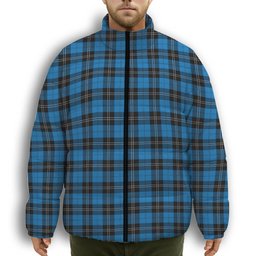 ScotsTee Shop Scottish Ramsay Blue Ancient Premium Tartan Collar Down Jacket Winter White Duck Down Plaid
