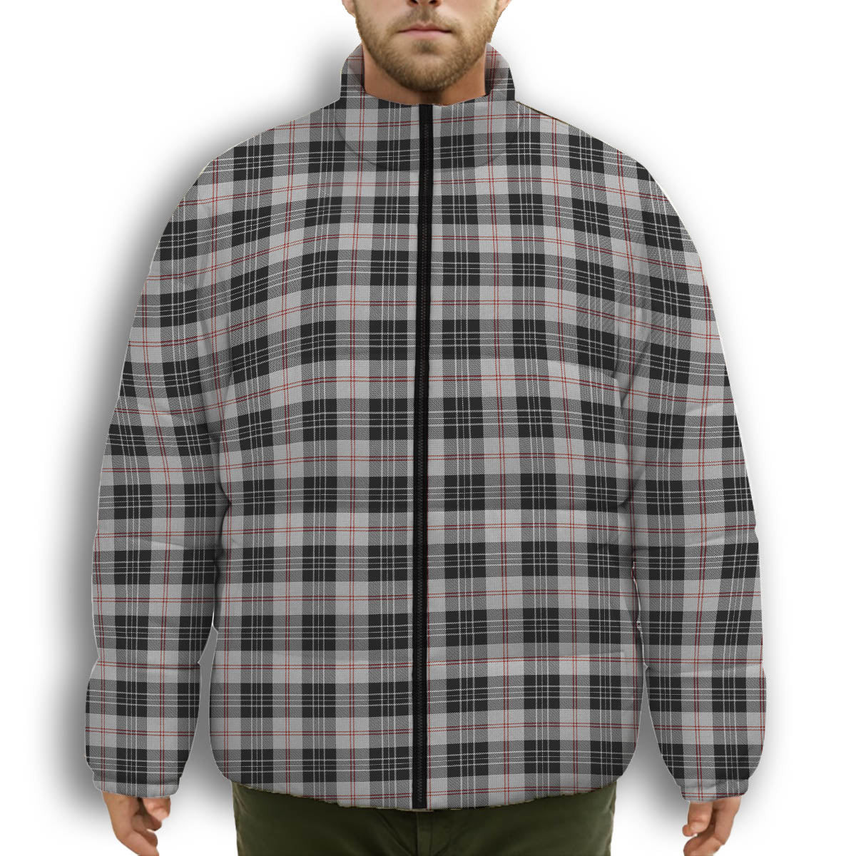 ScotsTee Shop Scottish MacPherson of Cluny Black and White Premium Tartan Collar Down Jacket Winter White Duck Down Plaid