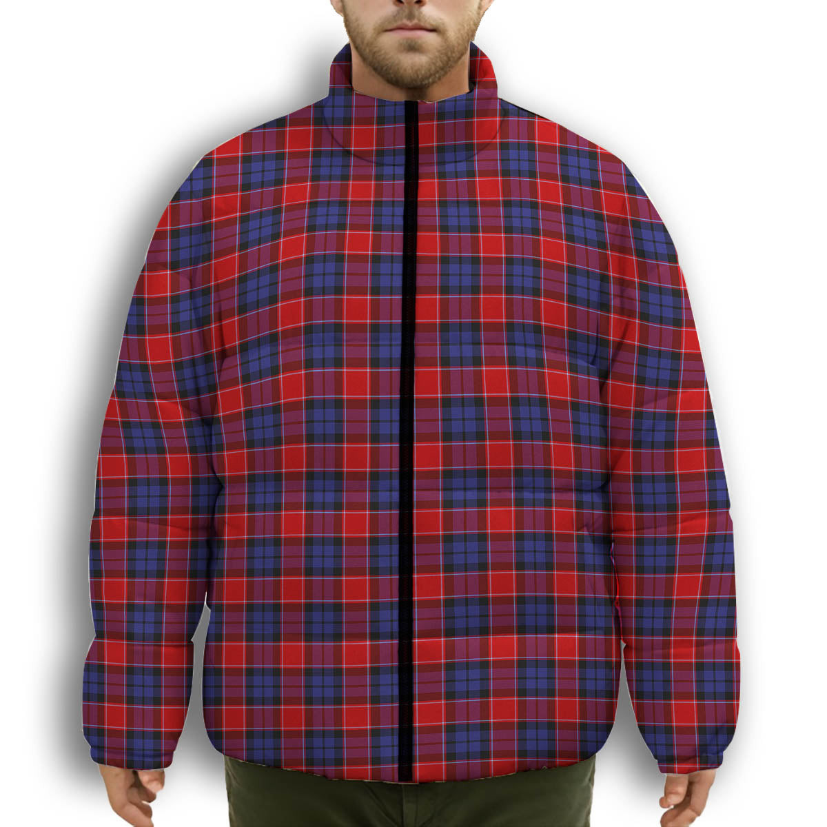 ScotsTee Shop Scottish Graham of Menteith Red Premium Tartan Collar Down Jacket Winter White Duck Down Plaid