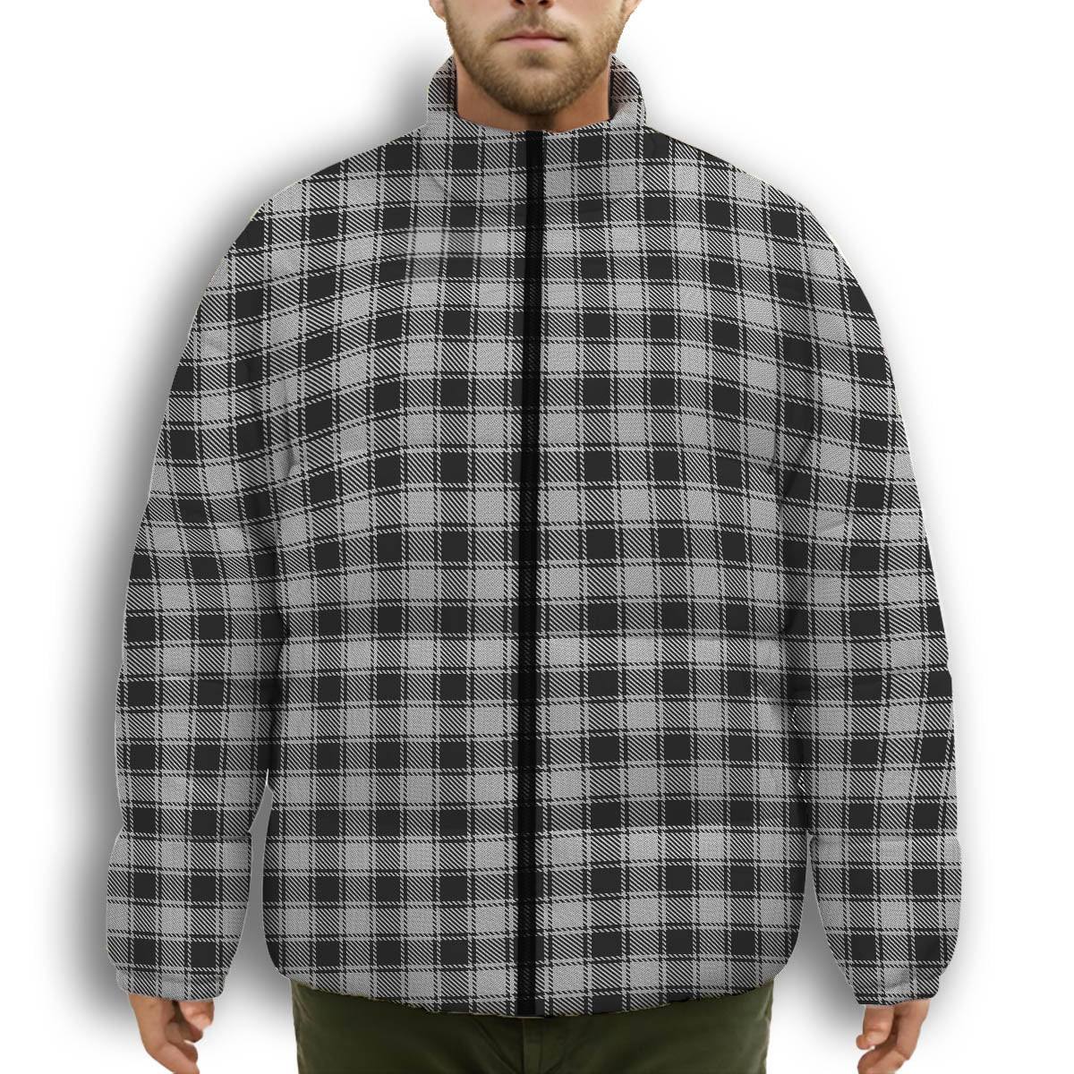 ScotsTee Shop Scottish MacPhee Black and White Premium Tartan Collar Down Jacket Winter White Duck Down Plaid