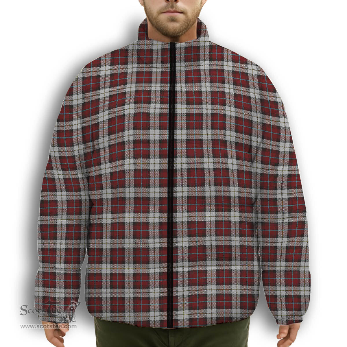 ScotsTee Shop Scottish McCandlish Arisaid Red Premium Tartan Collar Down Jacket Winter White Duck Down Plaid