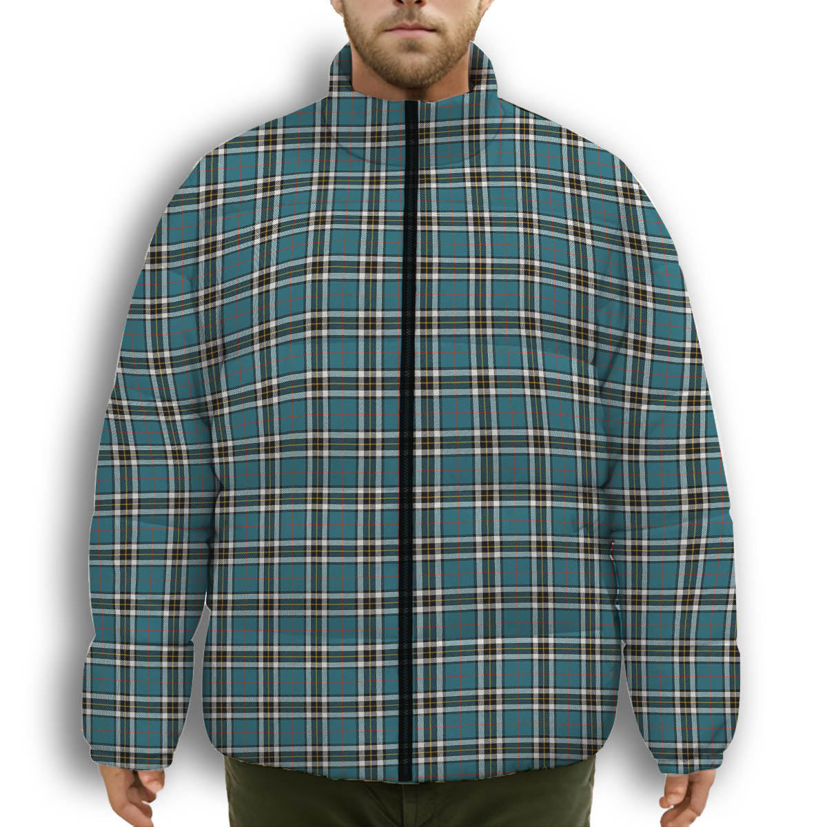 ScotsTee Shop Scottish Thomson Blue Ancient Clan Premium Tartan Collar Down Jacket Winter White Duck Down Plaid