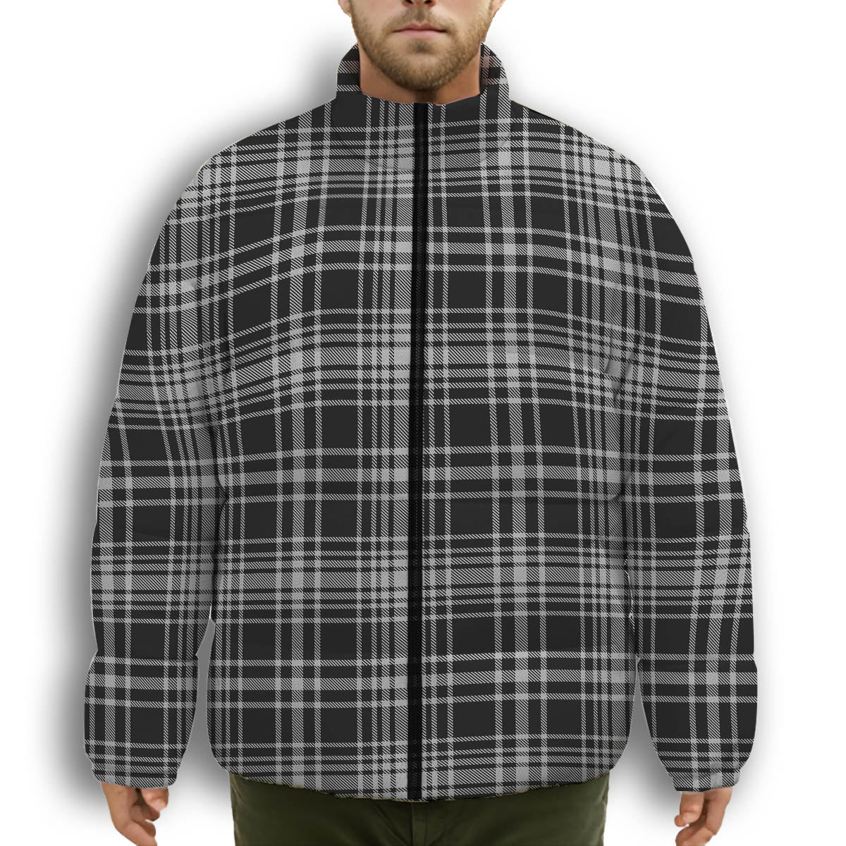 ScotsTee Shop Scottish MacLean Black and White Premium Tartan Collar Down Jacket Winter White Duck Down Plaid