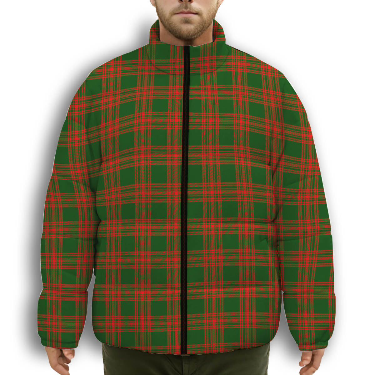 ScotsTee Shop Scottish Menzies Green Modern Premium Tartan Collar Down Jacket Winter White Duck Down Plaid