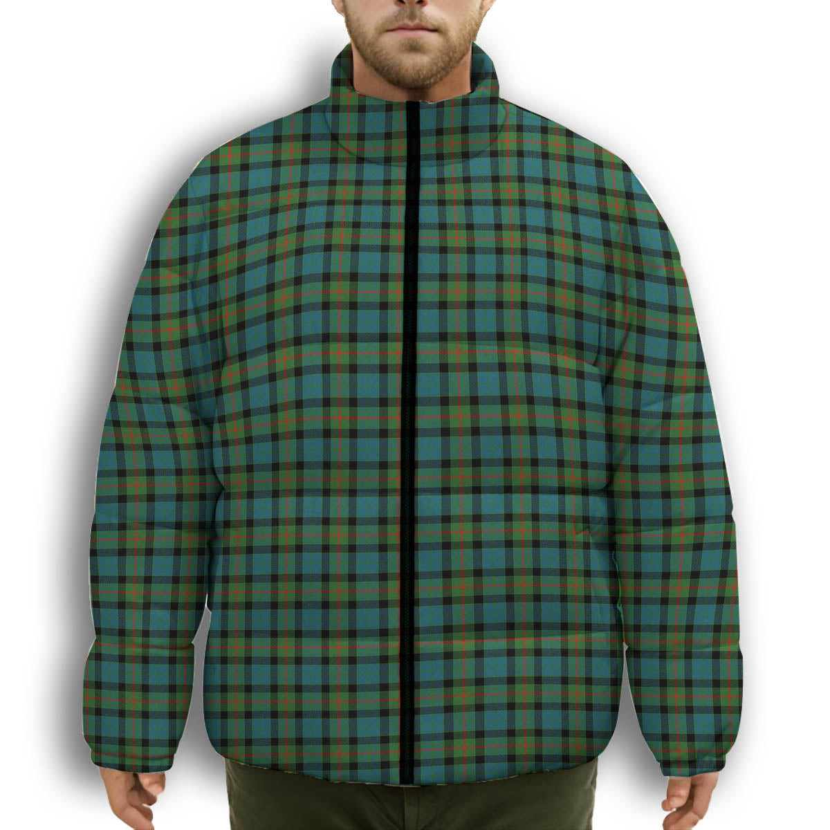 ScotsTee Shop Scottish Gunn Ancient Clan Premium Tartan Collar Down Jacket Winter White Duck Down Plaid