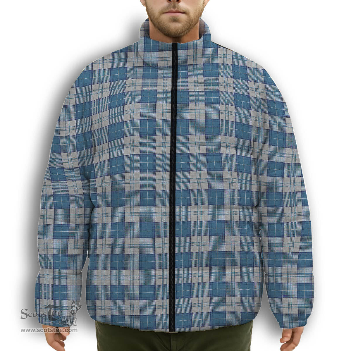 ScotsTee Shop Scottish Menzies Dress Blue and White Premium Tartan Collar Down Jacket Winter White Duck Down Plaid