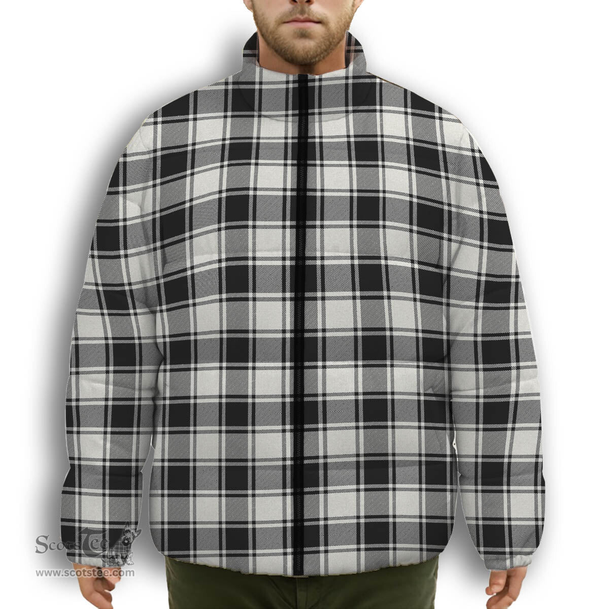 ScotsTee Shop Scottish MacFie Black & White Ancient Premium Tartan Collar Down Jacket Winter White Duck Down Plaid