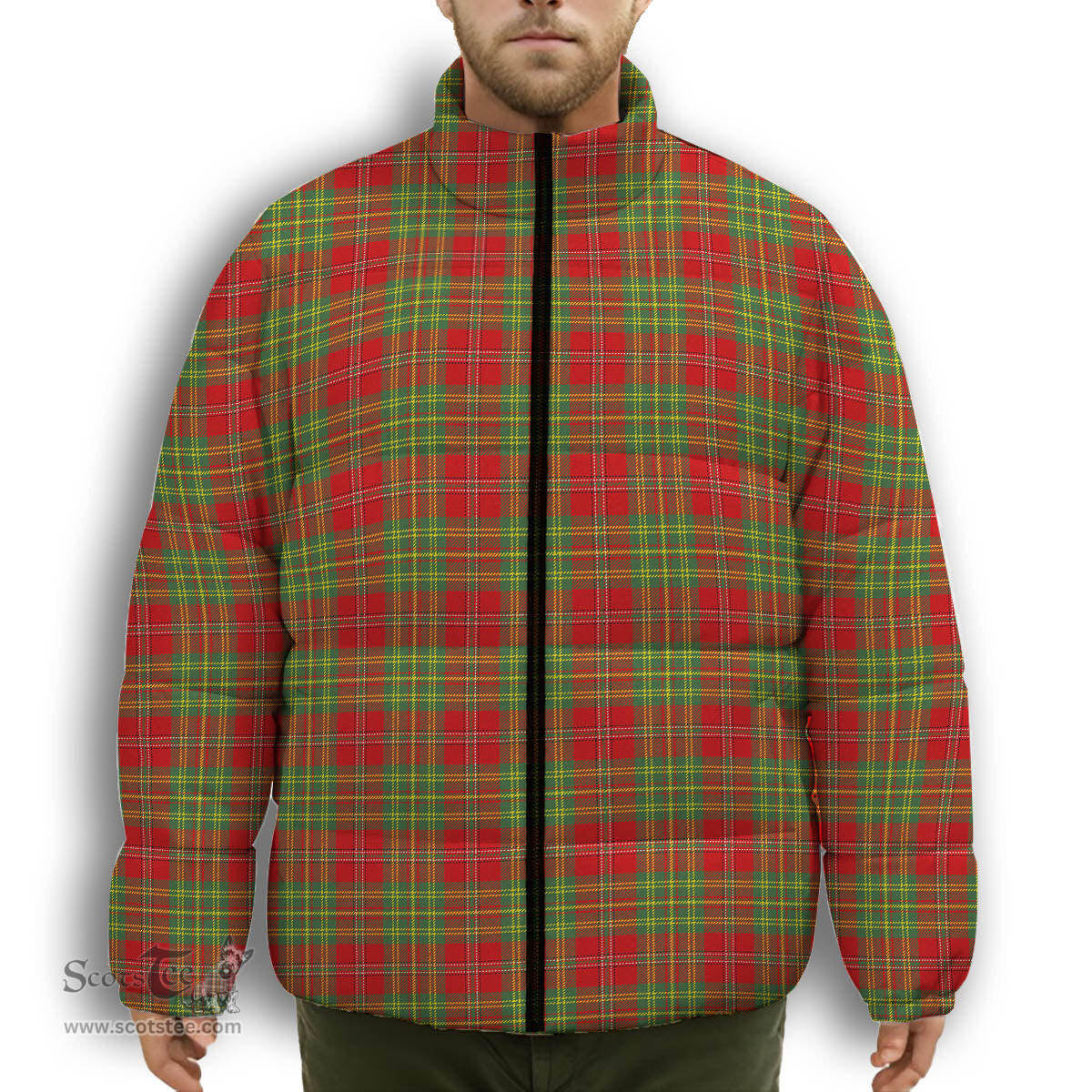 ScotsTee Shop Scottish Leask Modern Premium Tartan Collar Down Jacket Winter White Duck Down Plaid