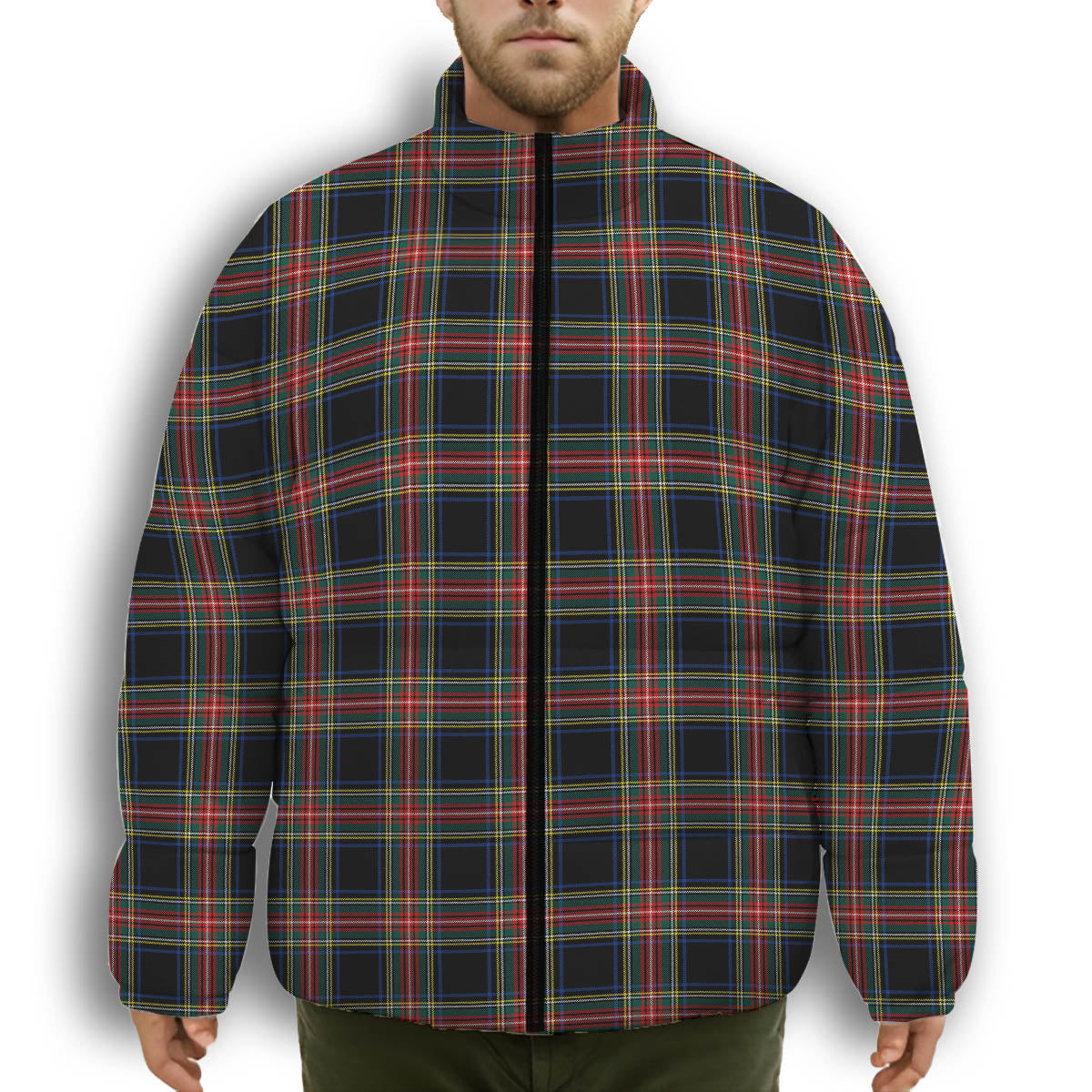 ScotsTee Shop Scottish Stewart Black Modern Premium Tartan Collar Down Jacket Winter White Duck Down Plaid