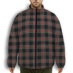 ScotsTee Shop Scottish Stewart Black Modern Premium Tartan Collar Down Jacket Winter White Duck Down Plaid