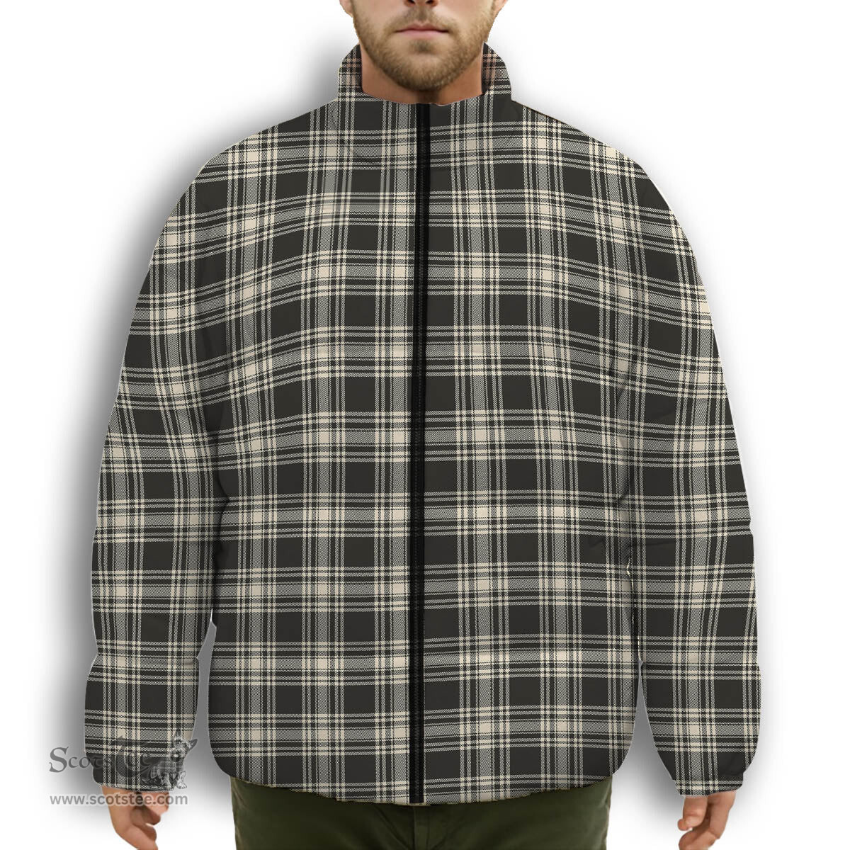 ScotsTee Shop Scottish Menzies Black & White Ancient Premium Tartan Collar Down Jacket Winter White Duck Down Plaid