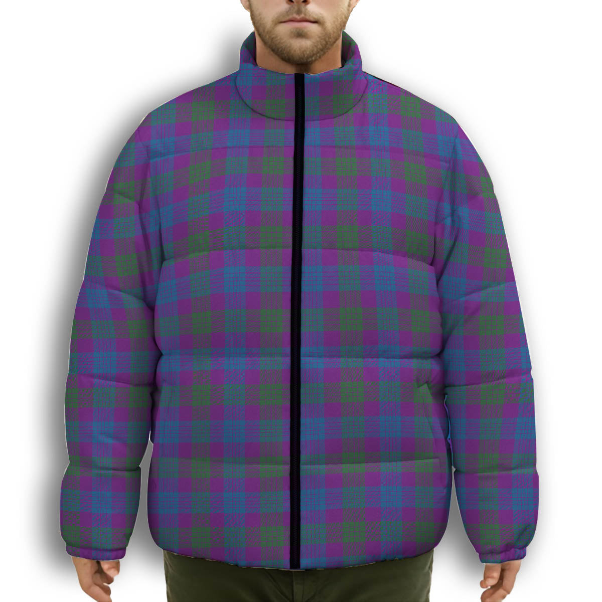 ScotsTee Shop Scottish Lang Modern Clan Premium Tartan Collar Down Jacket Winter White Duck Down Plaid