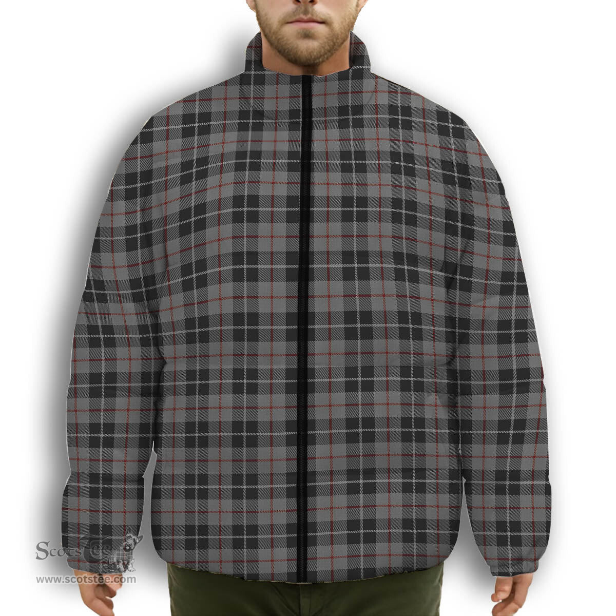 ScotsTee Shop Scottish Thomson Grey Premium Tartan Collar Down Jacket Winter White Duck Down Plaid