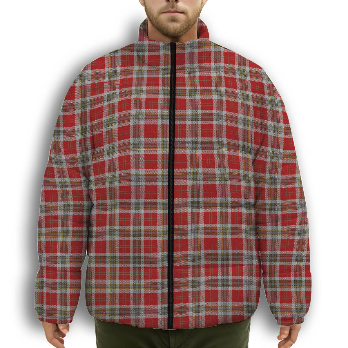 ScotsTee Shop Scottish MacLean of Duart Dress Red Premium Tartan Collar Down Jacket Winter White Duck Down Plaid