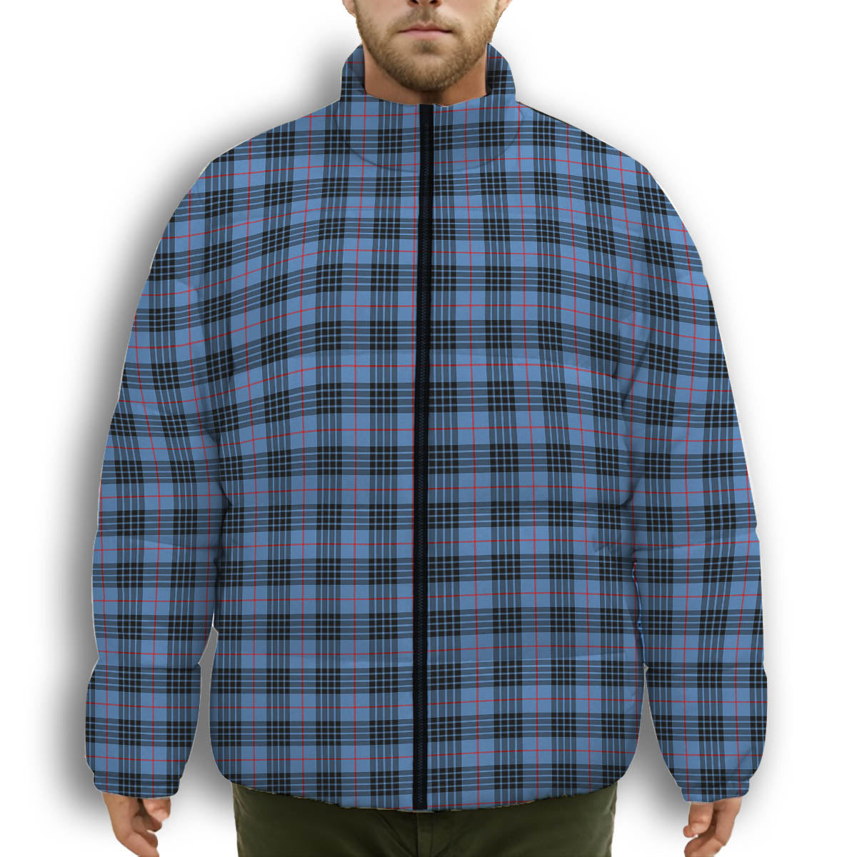 ScotsTee Shop Scottish McKay Blue Premium Tartan Collar Down Jacket Winter White Duck Down Plaid