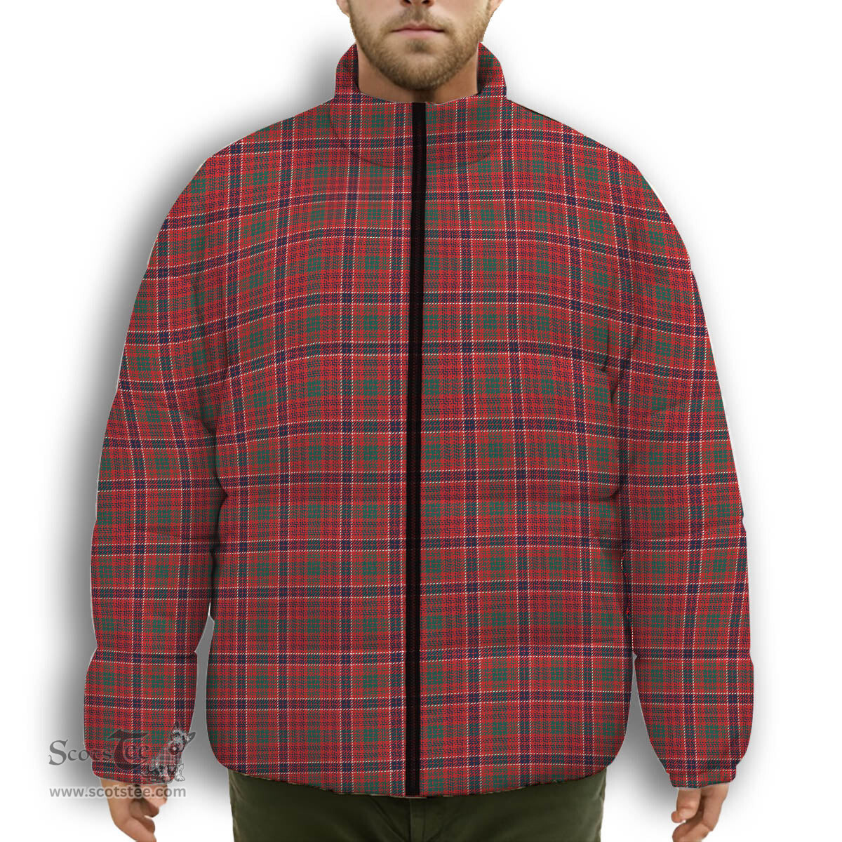 ScotsTee Shop Scottish McRae Red Modern Premium Tartan Collar Down Jacket Winter White Duck Down Plaid