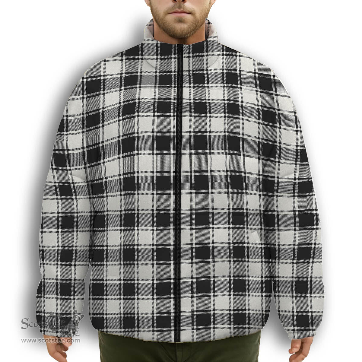 ScotsTee Shop Scottish McFie Black & White Modern Premium Tartan Collar Down Jacket Winter White Duck Down Plaid