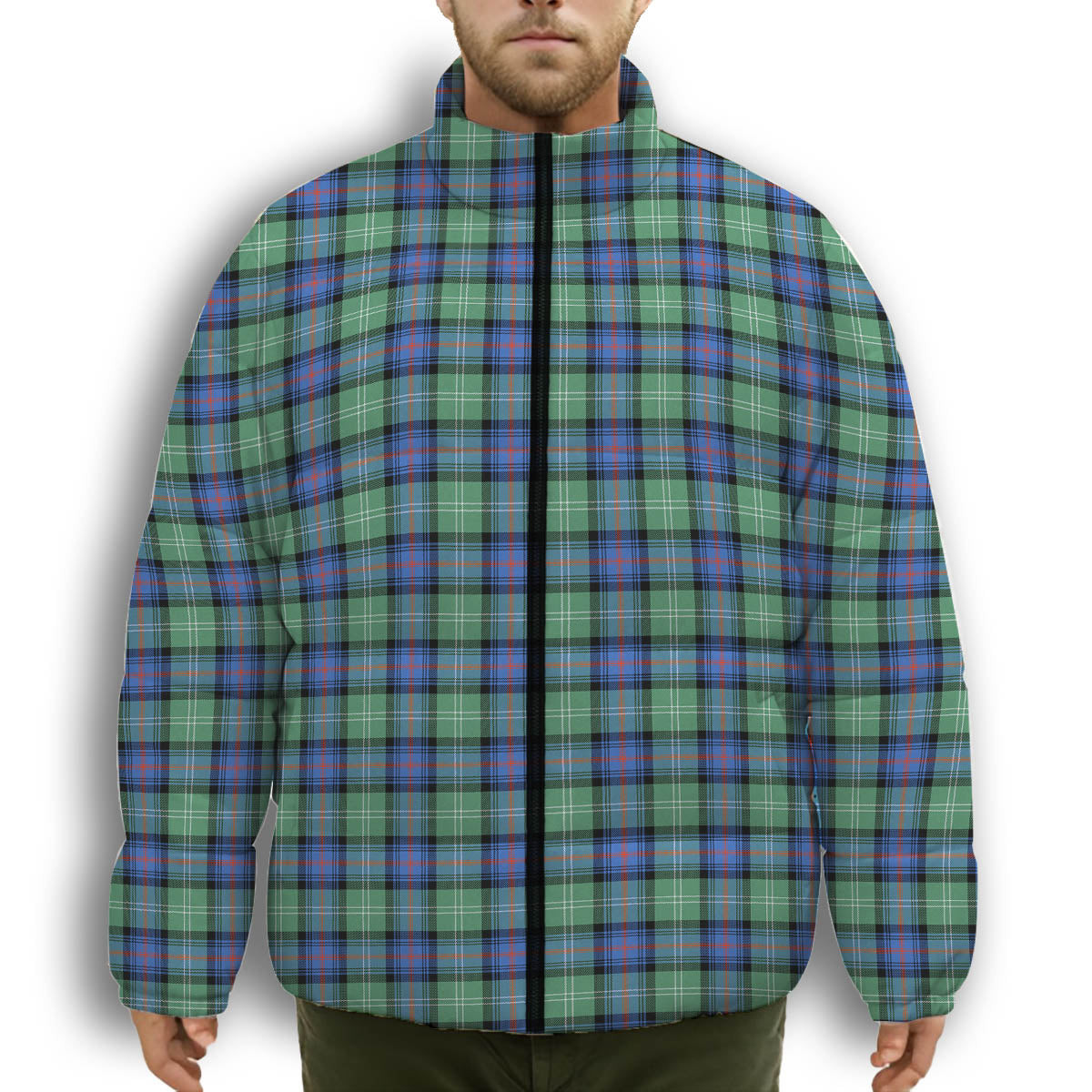 ScotsTee Shop Scottish Sutherland Old Ancient SC Premium Tartan Collar Down Jacket Winter White Duck Down Plaid