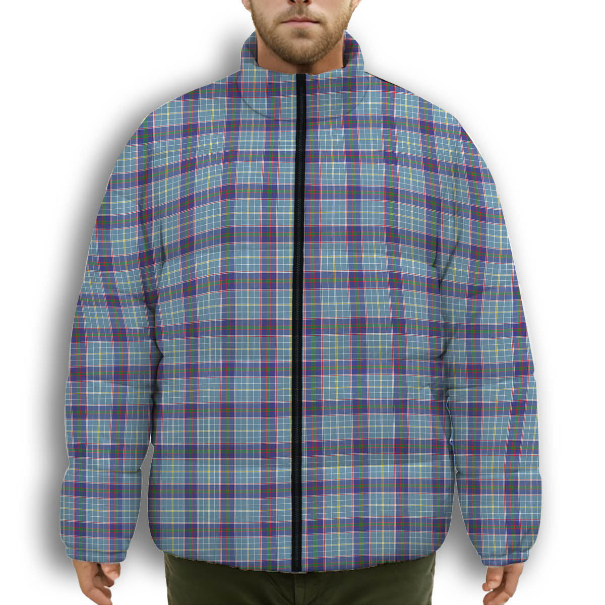 ScotsTee Shop Scottish Texas Bluebonnet Premium Tartan Collar Down Jacket Winter White Duck Down Plaid