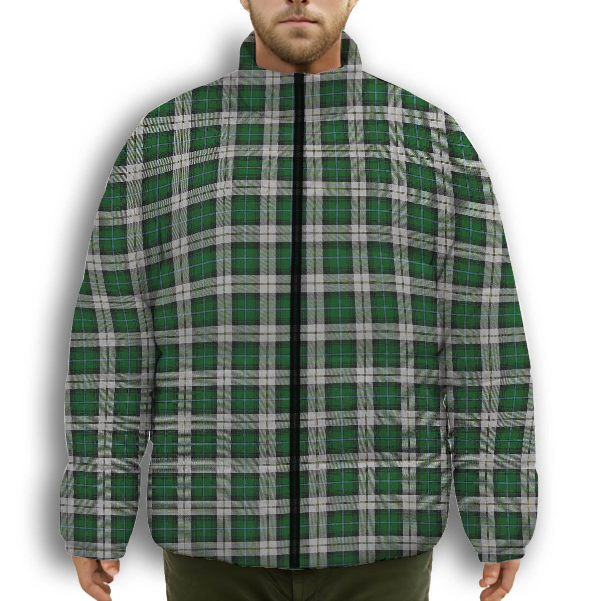 ScotsTee Shop Scottish McCandlish Arisaid Green Premium Tartan Collar Down Jacket Winter White Duck Down Plaid