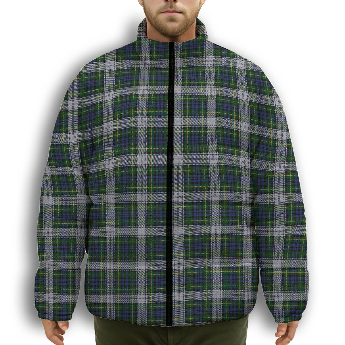 ScotsTee Shop Scottish Gordon Dress Premium Tartan Collar Down Jacket Winter White Duck Down Plaid