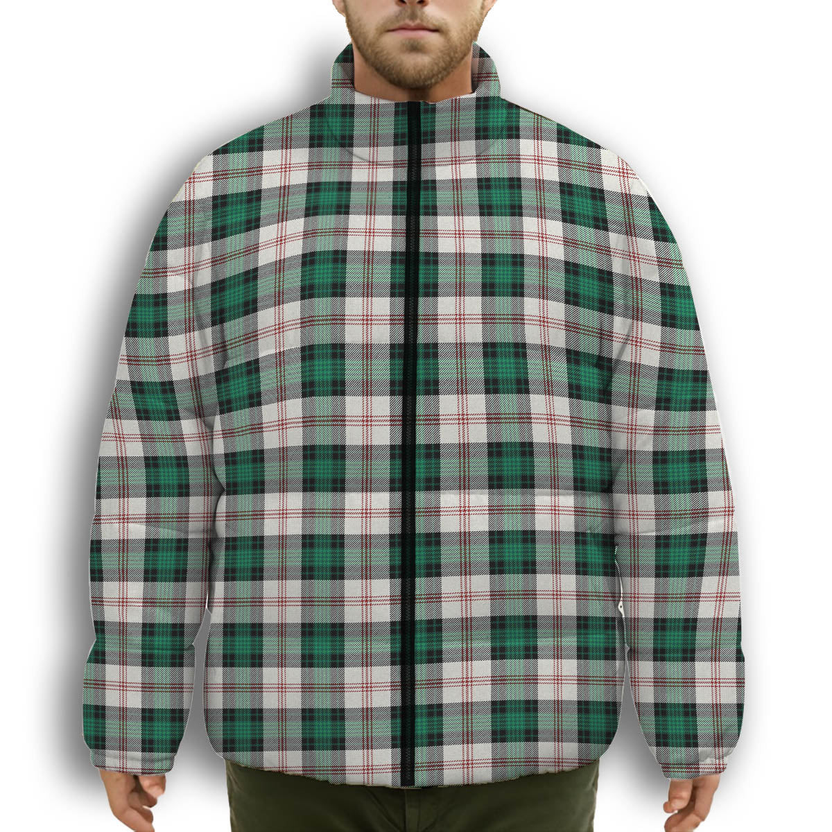 ScotsTee Shop Scottish Ross Arisaid Modern Premium Tartan Collar Down Jacket Winter White Duck Down Plaid