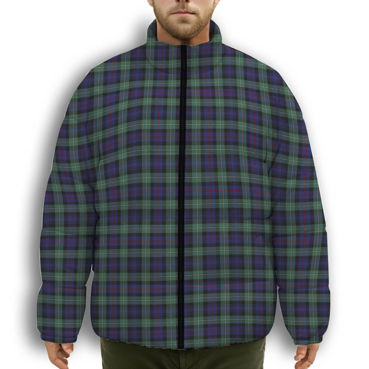 ScotsTee Shop Scottish MacKenzie Hunting Green Premium Tartan Collar Down Jacket Winter White Duck Down Plaid