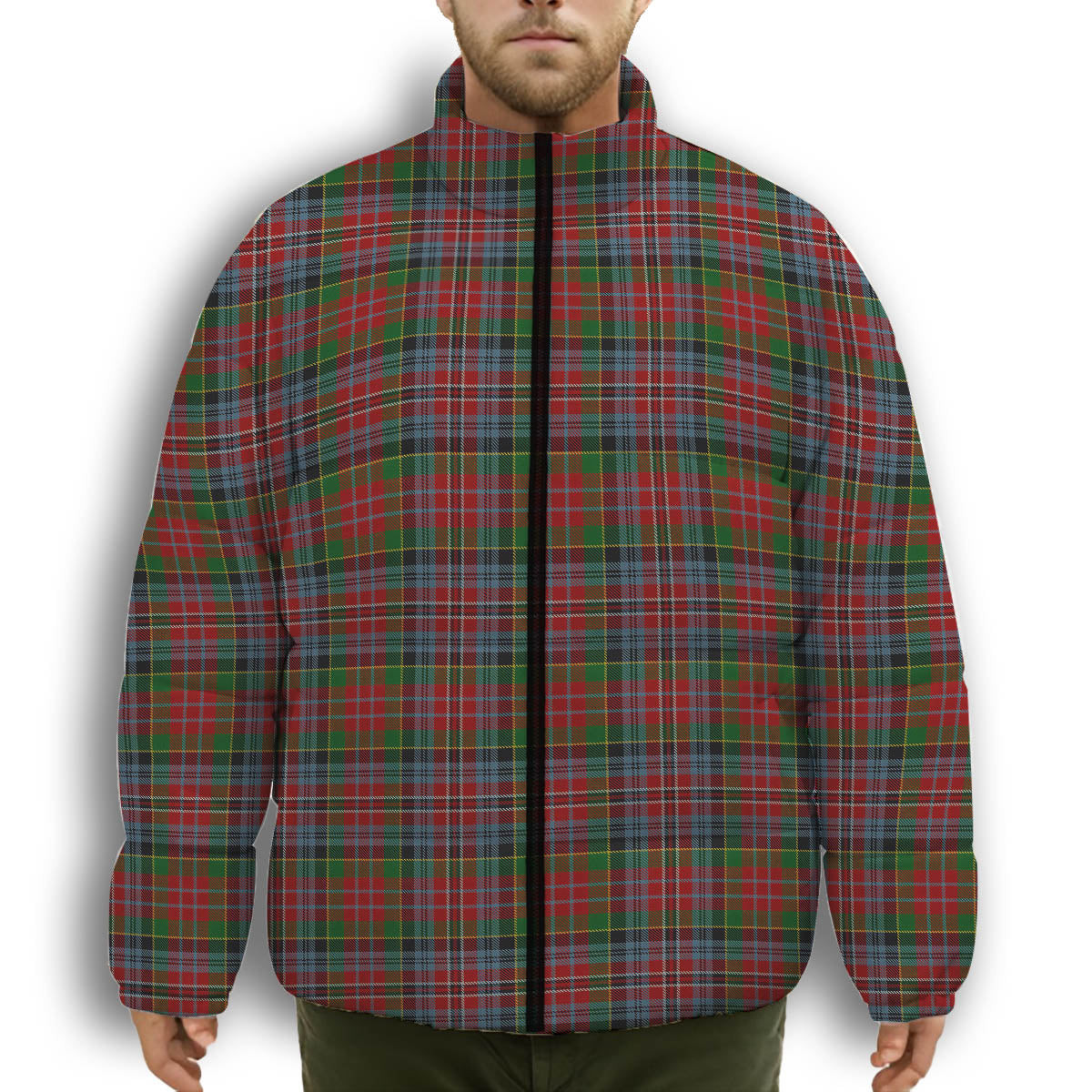 ScotsTee Shop Scottish MacPherson Ancient Premium Tartan Collar Down Jacket Winter White Duck Down Plaid