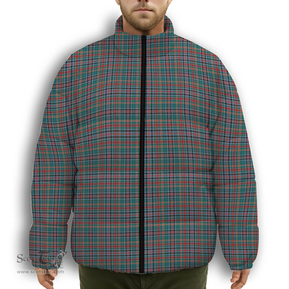 ScotsTee Shop Scottish Russell Old Modern Premium Tartan Collar Down Jacket Winter White Duck Down Plaid