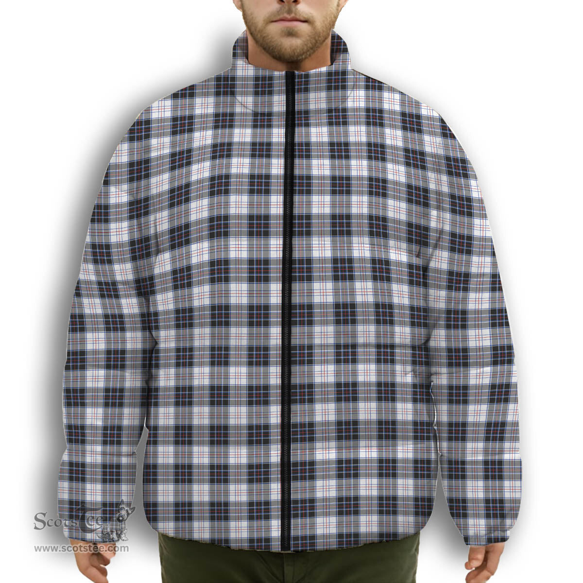 ScotsTee Shop Scottish McRae Dress Modern Premium Tartan Collar Down Jacket Winter White Duck Down Plaid