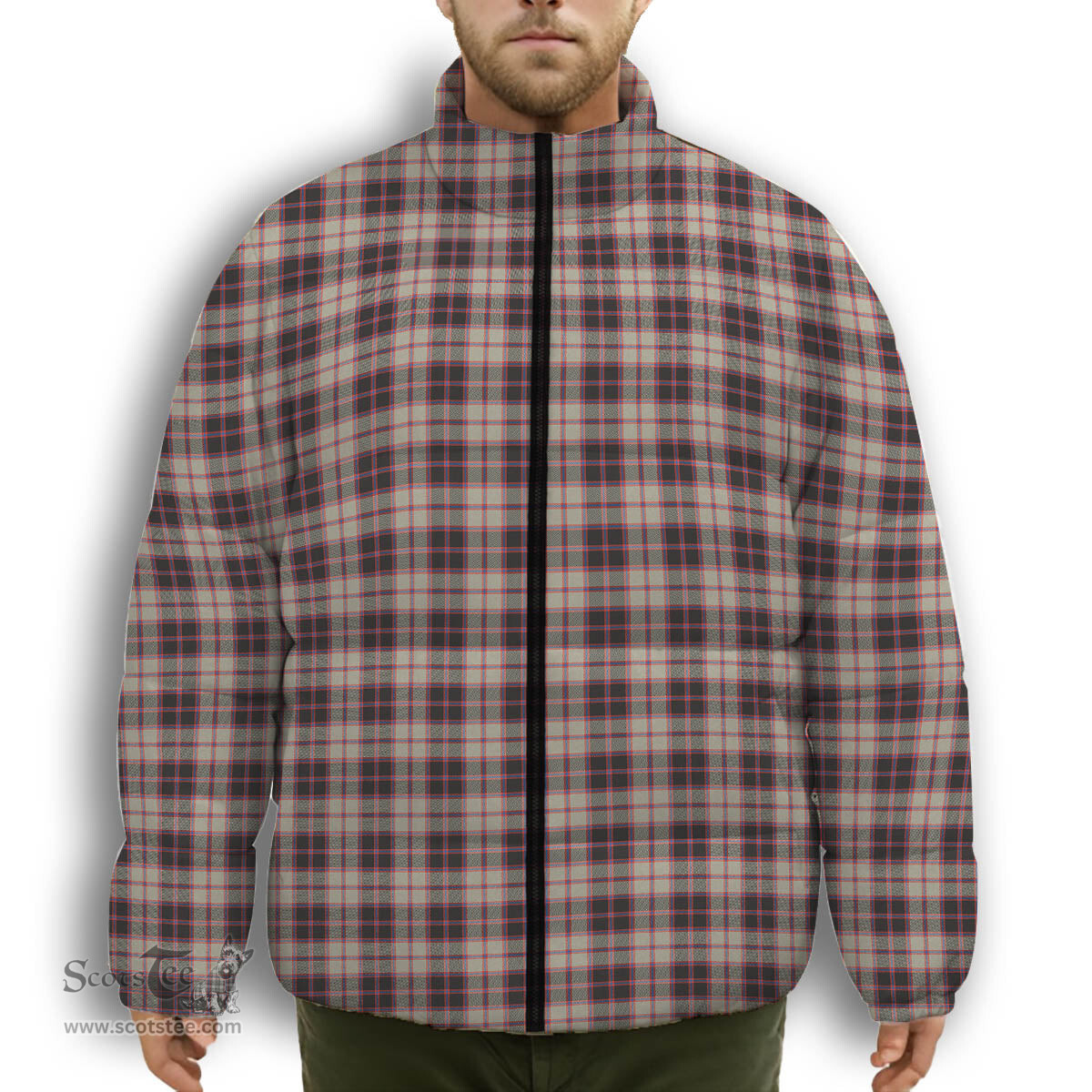 ScotsTee Shop Scottish MacPherson Hunting Ancient Premium Tartan Collar Down Jacket Winter White Duck Down Plaid