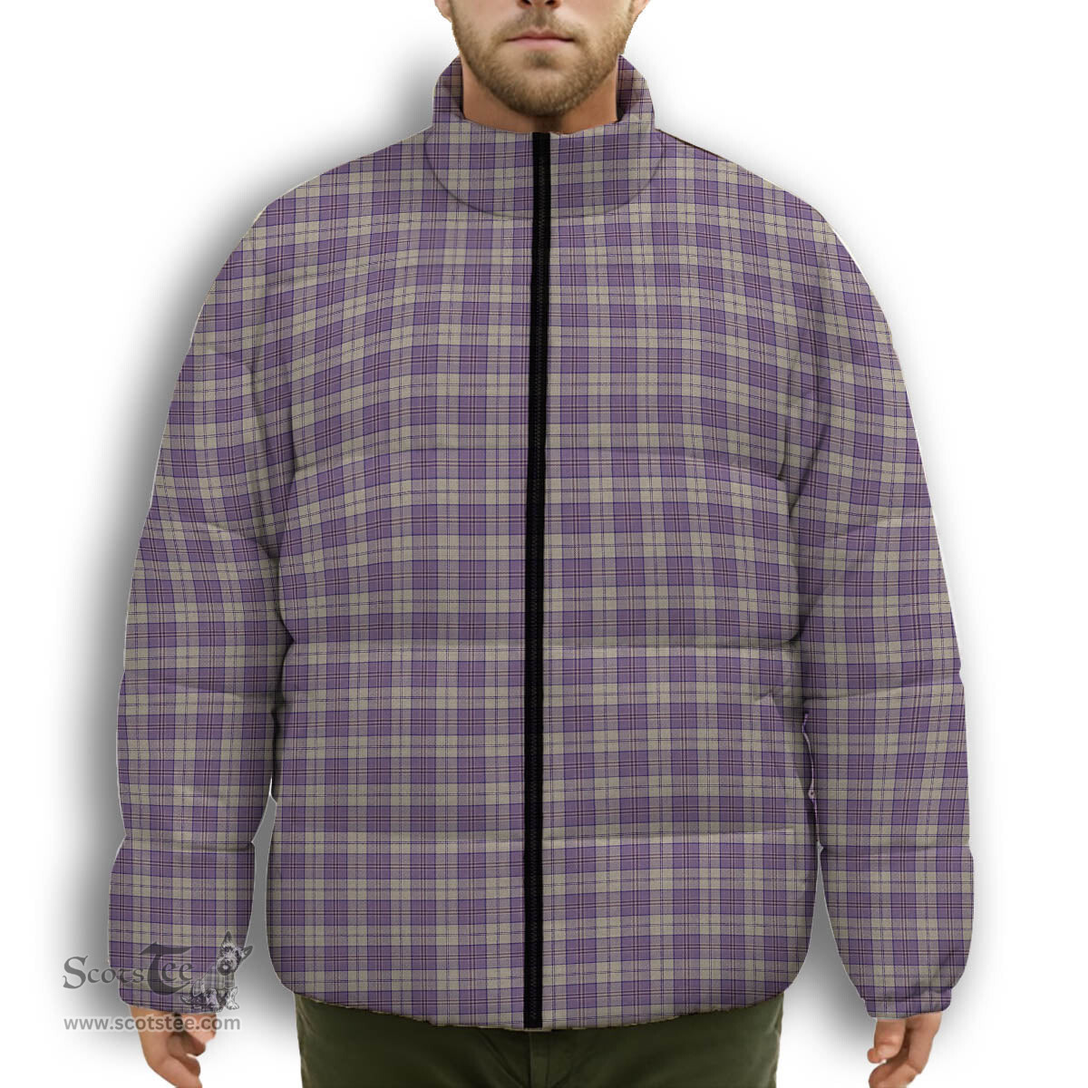 ScotsTee Shop Scottish Harris Lilac Premium Tartan Collar Down Jacket Winter White Duck Down Plaid