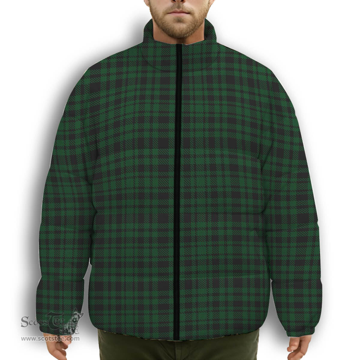 ScotsTee Shop Scottish Menzies Green Premium Tartan Collar Down Jacket Winter White Duck Down Plaid