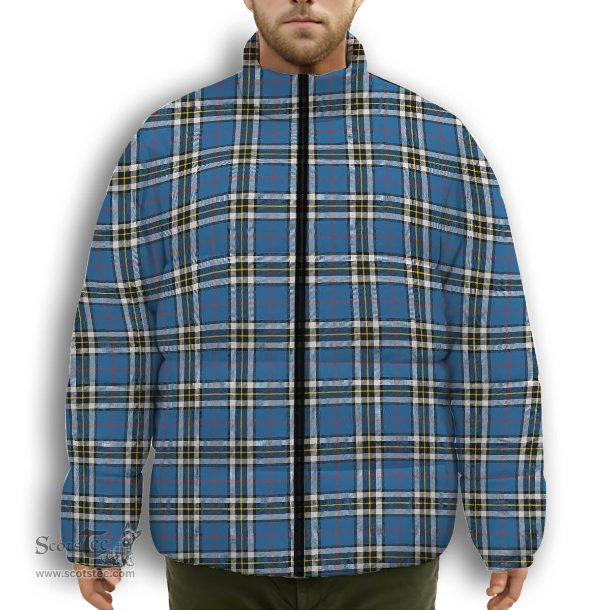 ScotsTee Shop Scottish Thompson Dress Blue Modern Premium Tartan Collar Down Jacket Winter White Duck Down Plaid