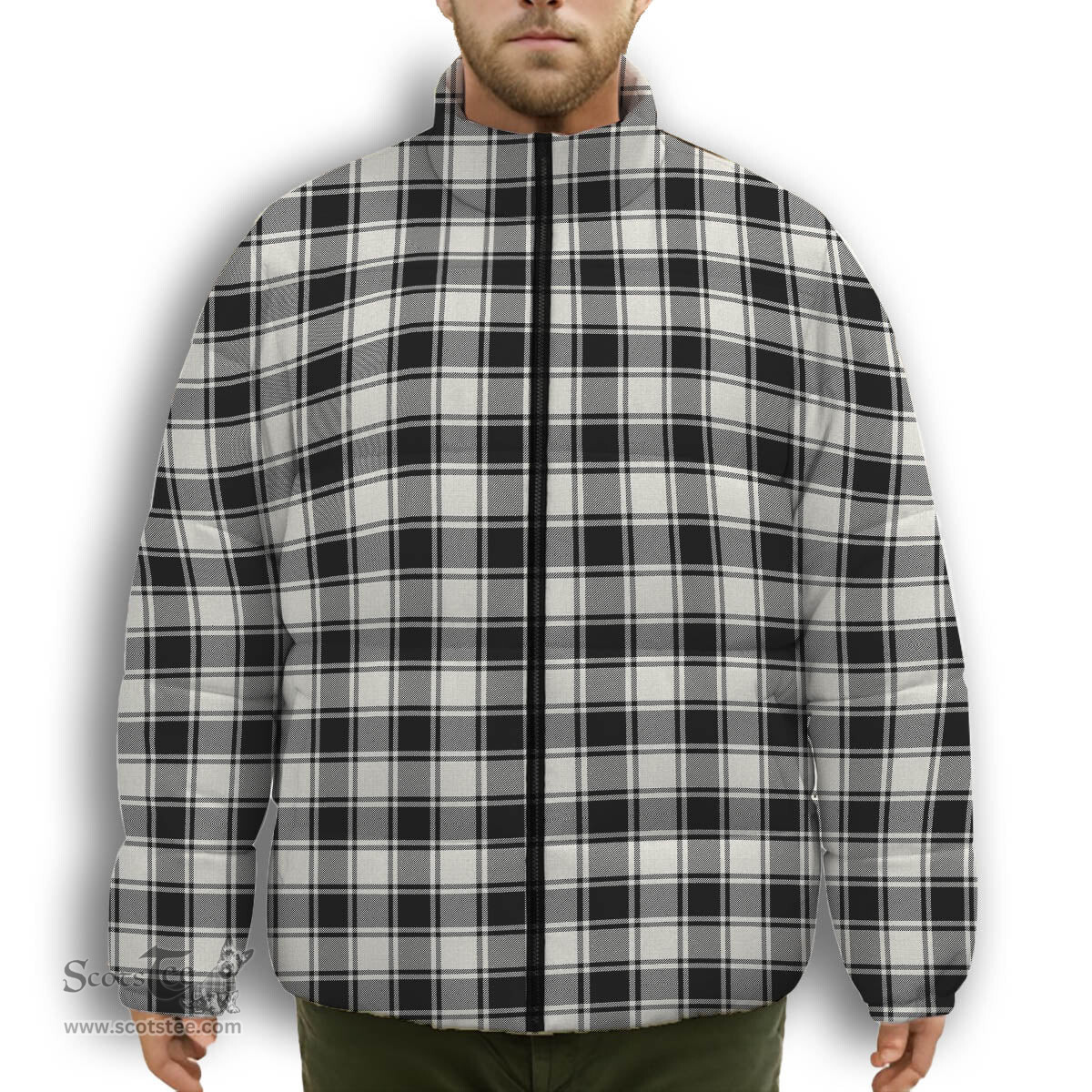 ScotsTee Shop Scottish MacPhee B&W Modern Premium Tartan Collar Down Jacket Winter White Duck Down Plaid