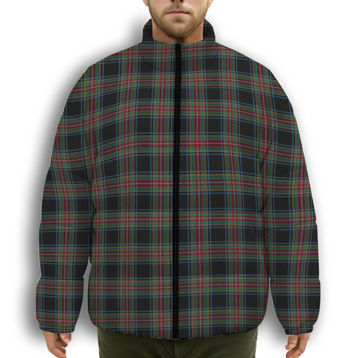 ScotsTee Shop Scottish Stewart Black Ancient Premium Tartan Collar Down Jacket Winter White Duck Down Plaid