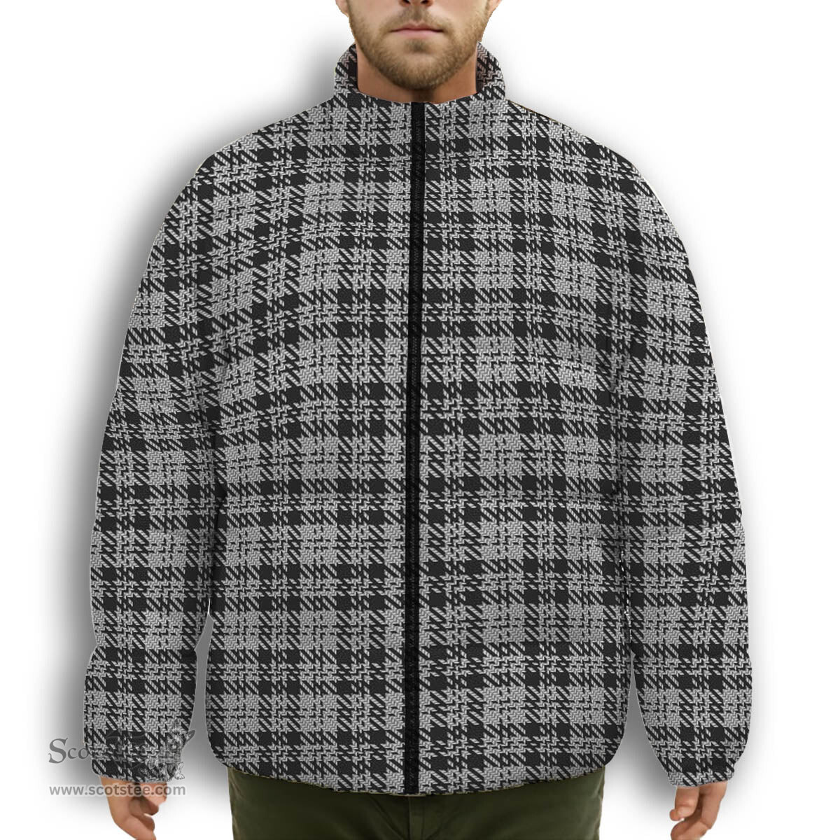 ScotsTee Shop Scottish Scott Abbreviated Premium Tartan Collar Down Jacket Winter White Duck Down Plaid