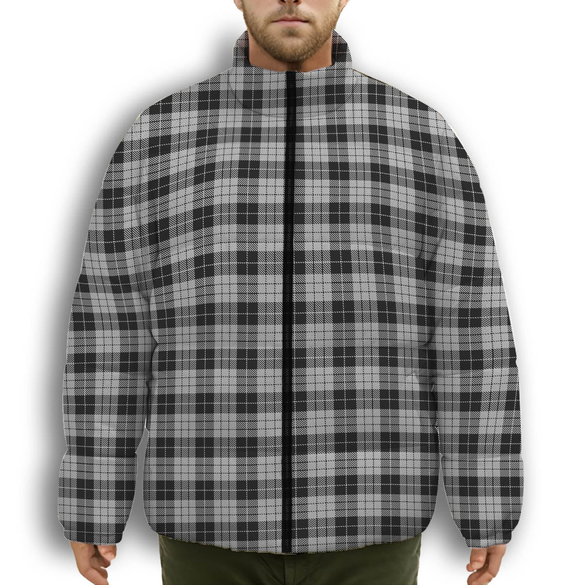 ScotsTee Shop Scottish McLeod Black and White Premium Tartan Collar Down Jacket Winter White Duck Down Plaid