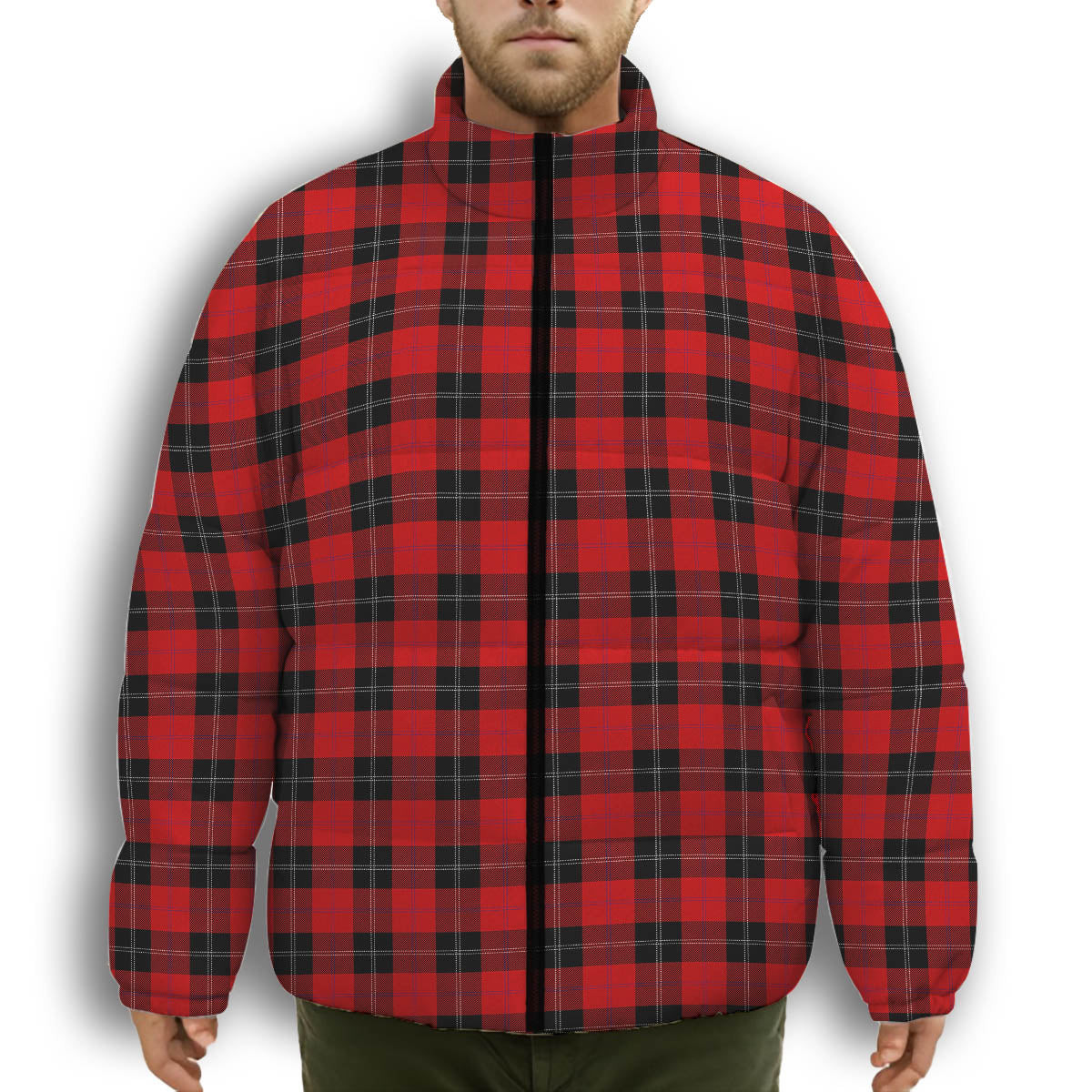 ScotsTee Shop Scottish Ramsay of Dalhousie (Ramsay Red) Modern Premium Tartan Collar Down Jacket Winter White Duck Down Plaid