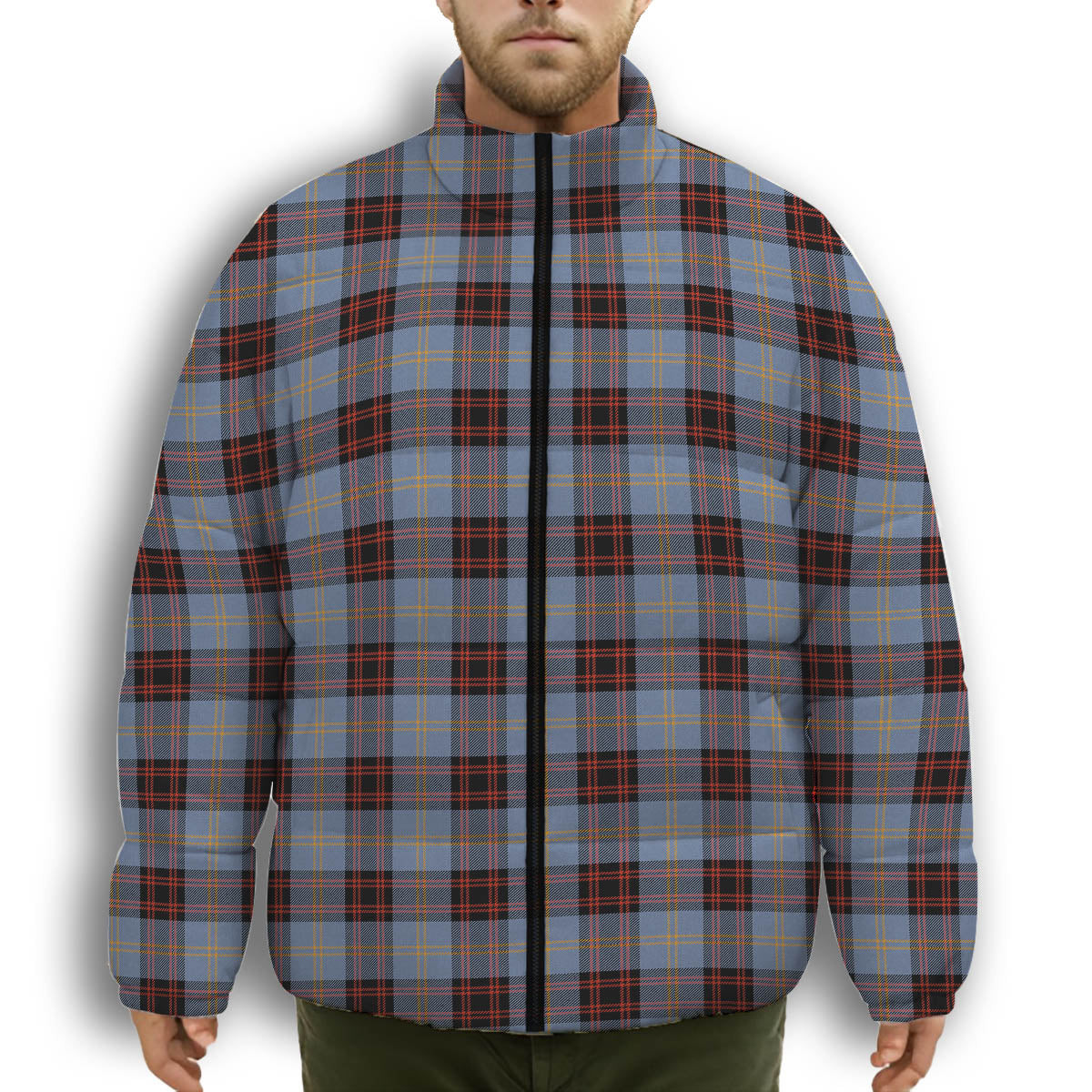 ScotsTee Shop Scottish Rutherford Ancient Premium Tartan Collar Down Jacket Winter White Duck Down Plaid