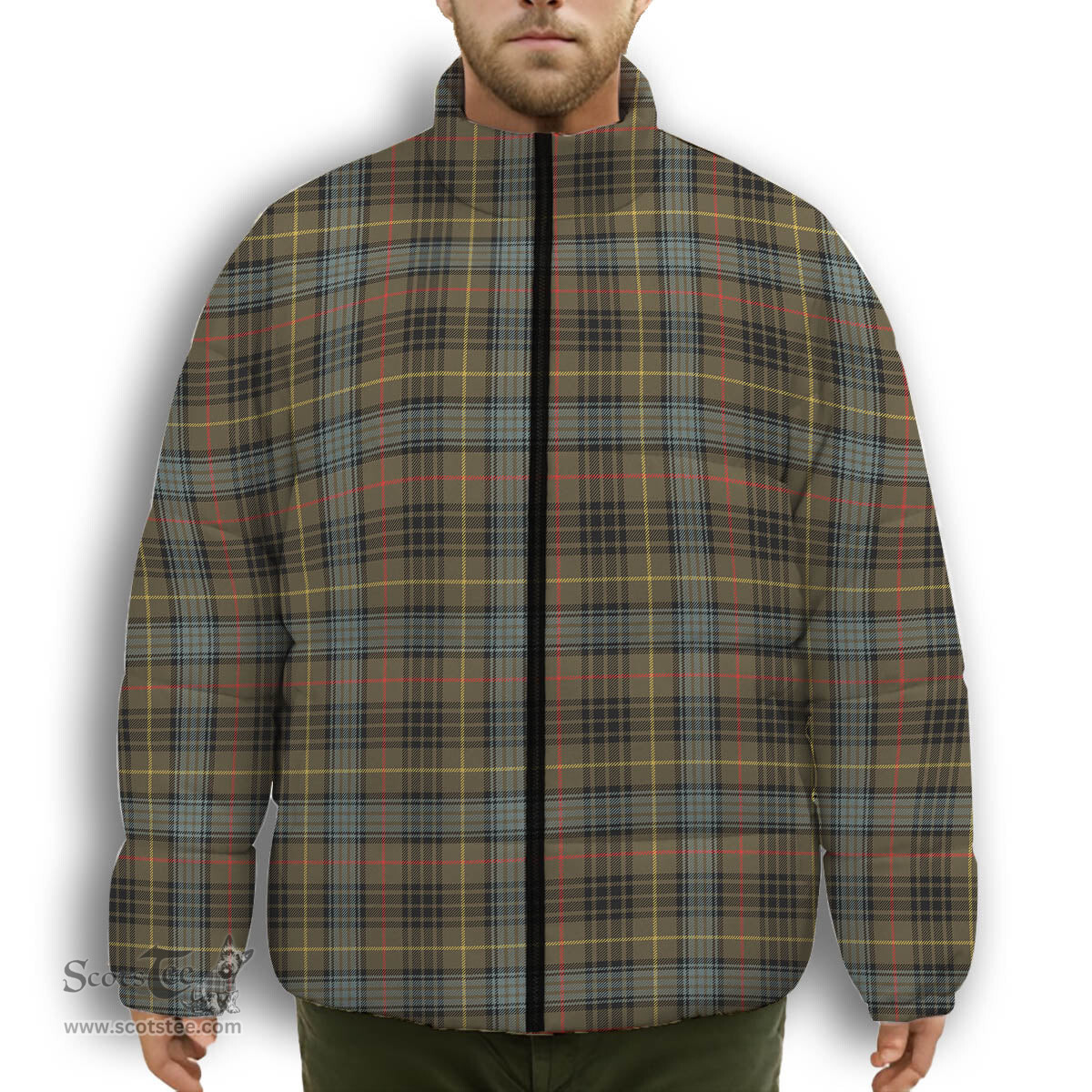ScotsTee Shop Scottish Stewart Hunting Weathered Premium Tartan Collar Down Jacket Winter White Duck Down Plaid