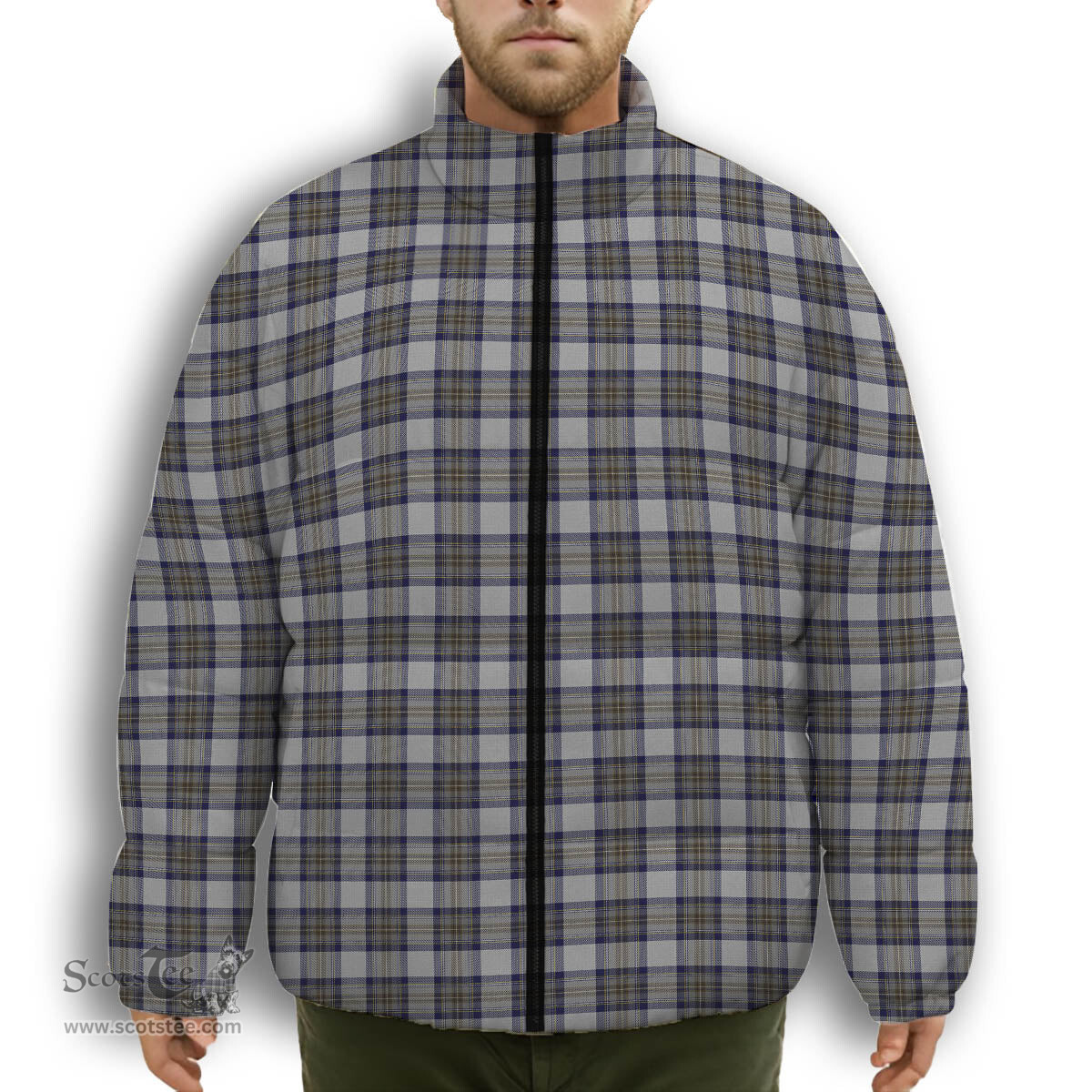 ScotsTee Shop Scottish Stewart Dress Blue Premium Tartan Collar Down Jacket Winter White Duck Down Plaid