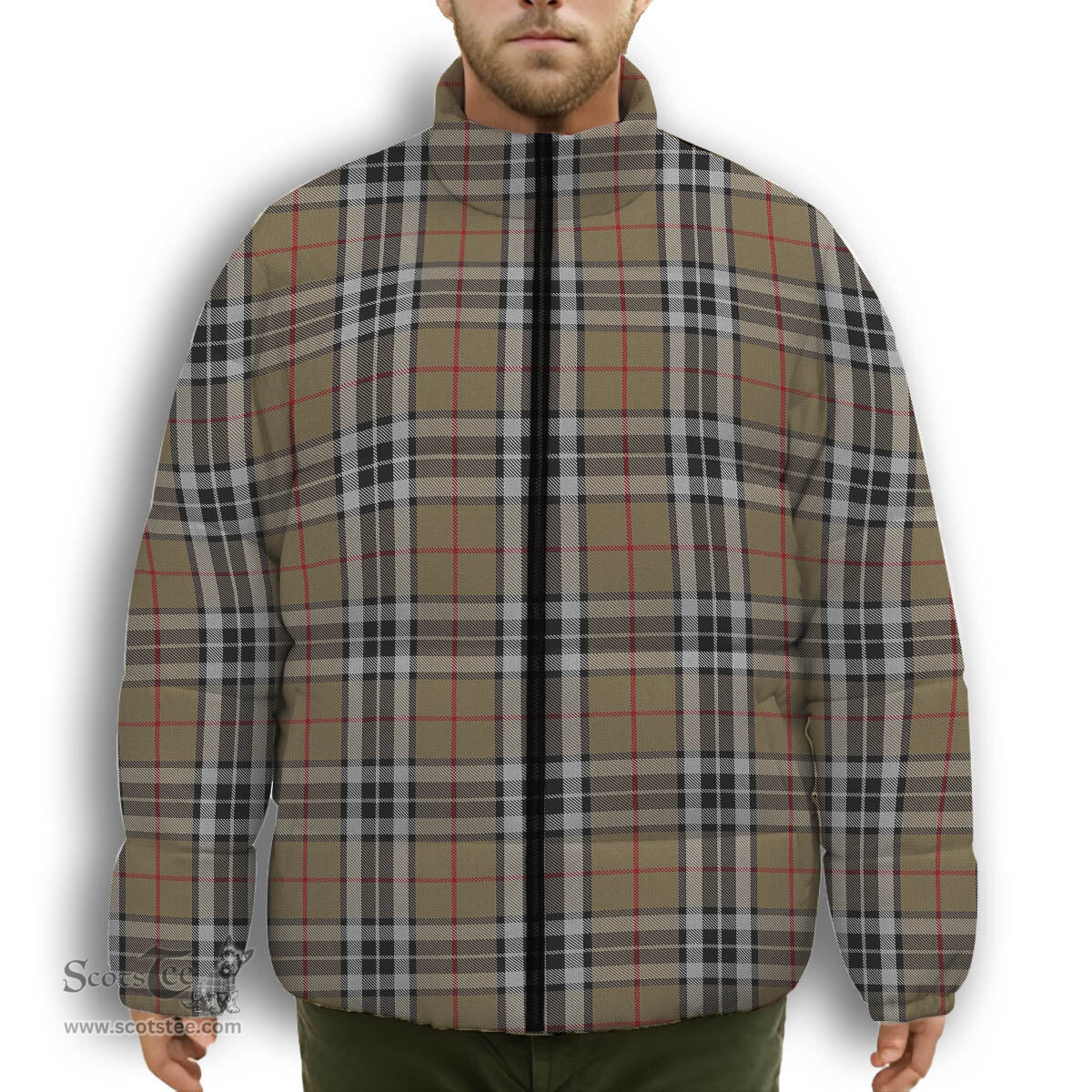 ScotsTee Shop Scottish Thomson Camel Premium Tartan Collar Down Jacket Winter White Duck Down Plaid